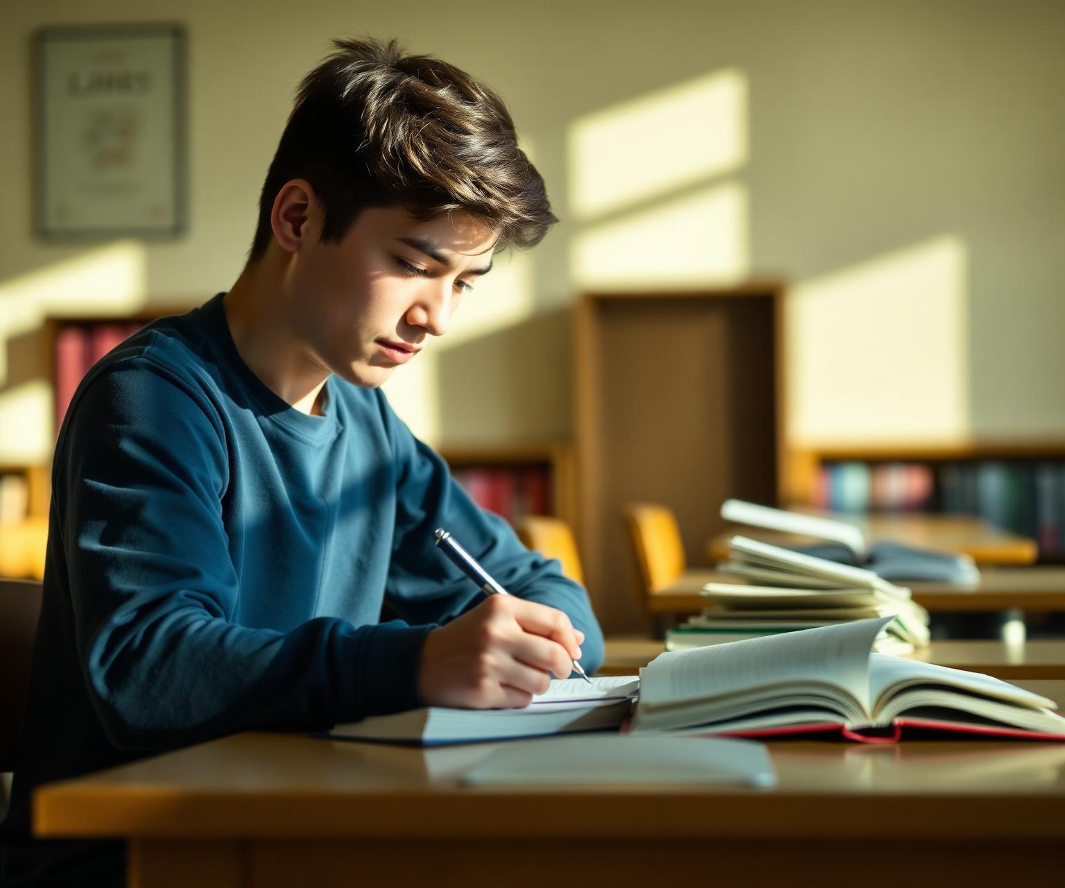 Student studying with focus at a sunlit desk